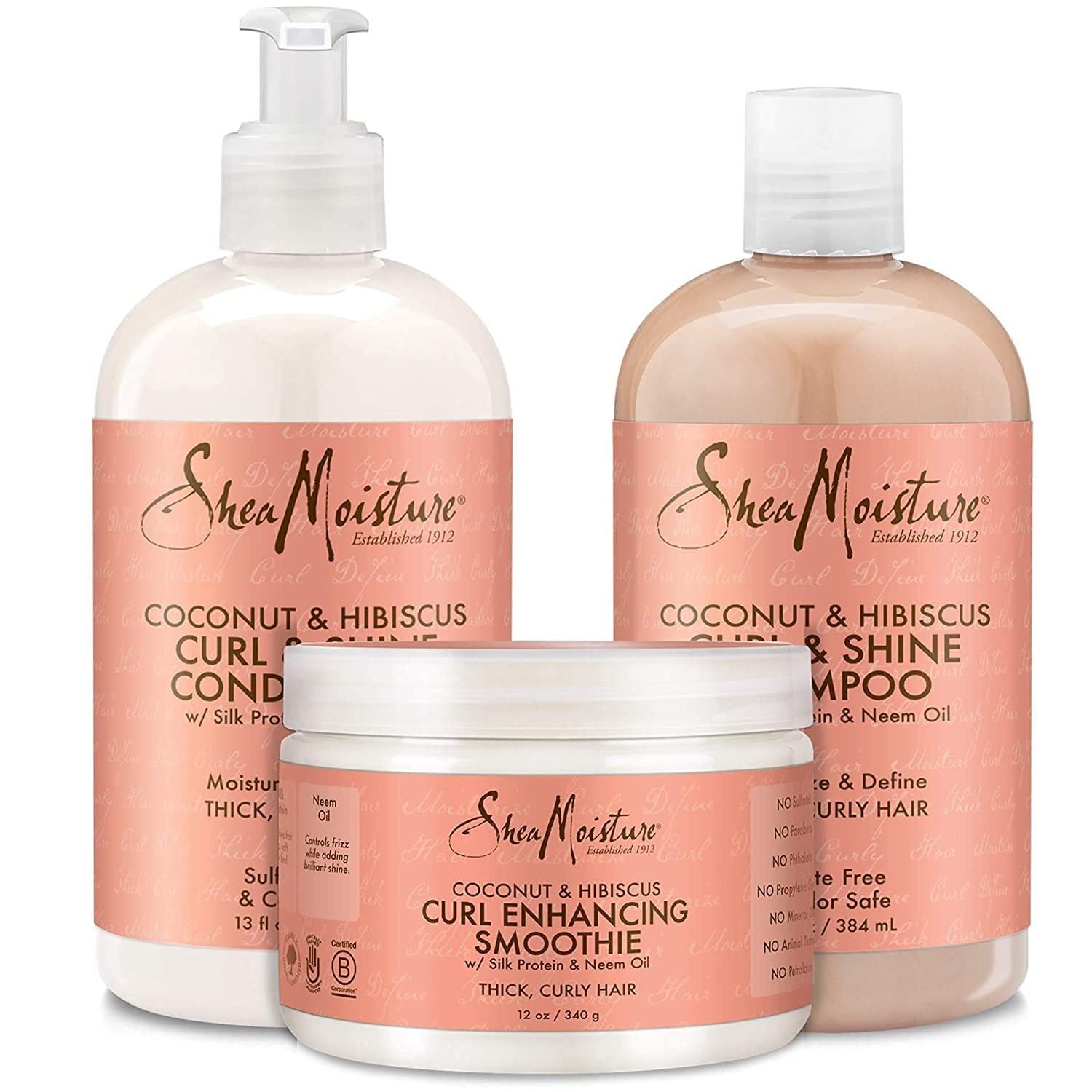 Shea Moisture Coconut & Hibiscus Curl TRIO: Includes Curl & Shine Shampoo, Curl & Shine Conditioner, Curl Enhancing Smoothie by Shea Moisture